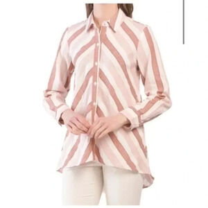 PEARL BY LELA ROSE Striped Linen Button Down Top Blush Multi Small